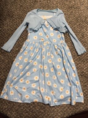 Girls' Light Blue Daisy Print Dress with Cardigan
